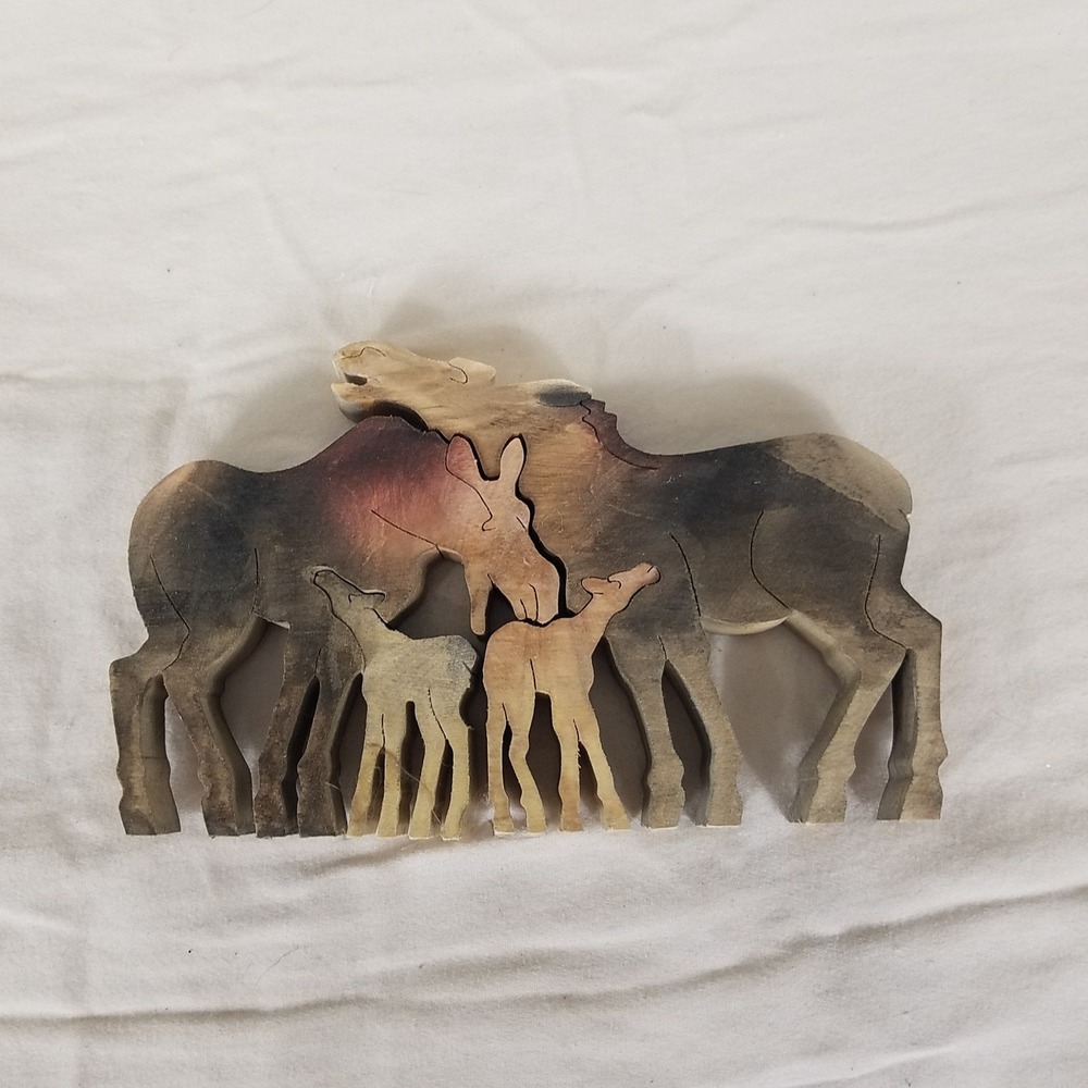 Moose Family Wood Puzzle Decor Brown Excellent Rustic 4pc handmade cabin outdoor